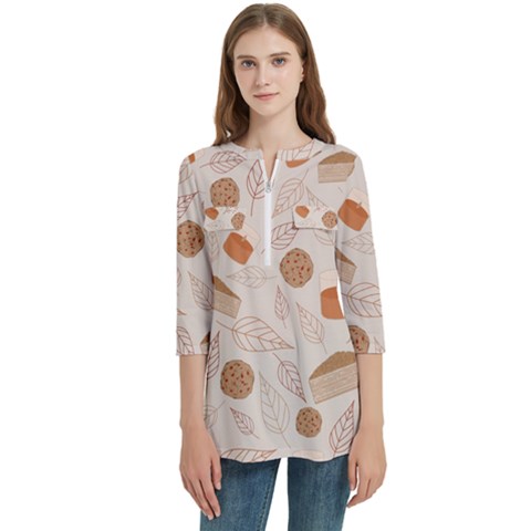 Leaves Cake Cookies Pattern Women s Zip Front V-neck 3/4 Sleeve Casual Top Pocket Shirt by Bedest