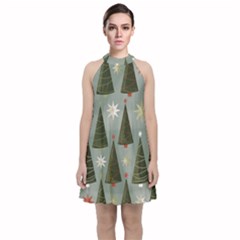 Christmas Trees Pattern Velvet Halter Neckline Dress 