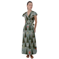 Christmas Trees Pattern Flutter Sleeve Maxi Dress