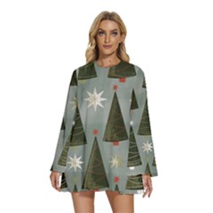 Christmas Trees Pattern Round Neck Long Sleeve Bohemian Style Chiffon Mini Dress by Bedest