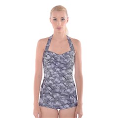 Silver Blossom Elegance Print (ai+human) Boyleg Halter Swimsuit  by dflcprintsclothing