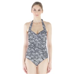 Silver Blossom Elegance Print (ai+human) Halter Swimsuit by dflcprintsclothing