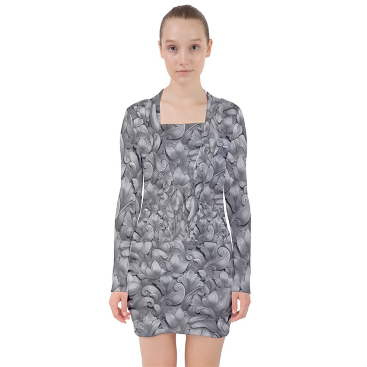 Silver Blossom Elegance Print (AI+Human) V-neck Bodycon Long Sleeve Dress