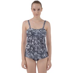 Silver Blossom Elegance Print (ai+human) Twist Front Tankini Set by dflcprintsclothing