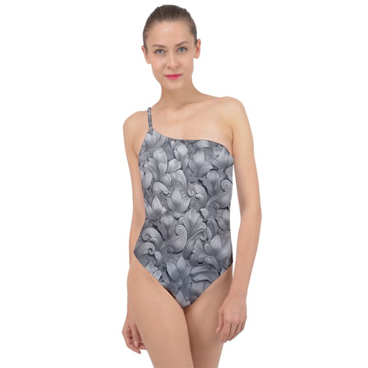 Silver Blossom Elegance Print (AI+Human) Classic One Shoulder Swimsuit