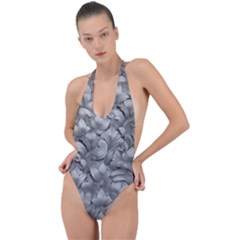 Silver Blossom Elegance Print (ai+human) Backless Halter One Piece Swimsuit by dflcprintsclothing