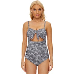 Silver Blossom Elegance Print (ai+human) Knot Front One-piece Swimsuit by dflcprintsclothing