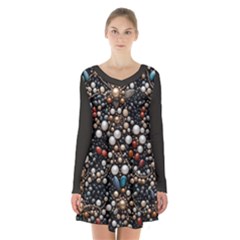 Pearls And Stones Long Sleeve Velvet V-neck Dress