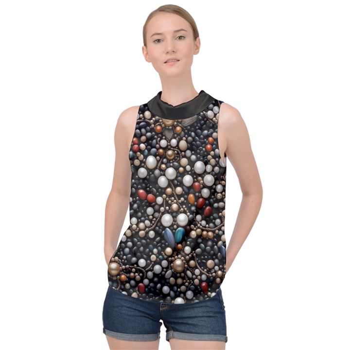 Pearls and stones High Neck Satin Top