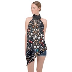 Pearls And Stones Halter Asymmetric Satin Top by dedoma