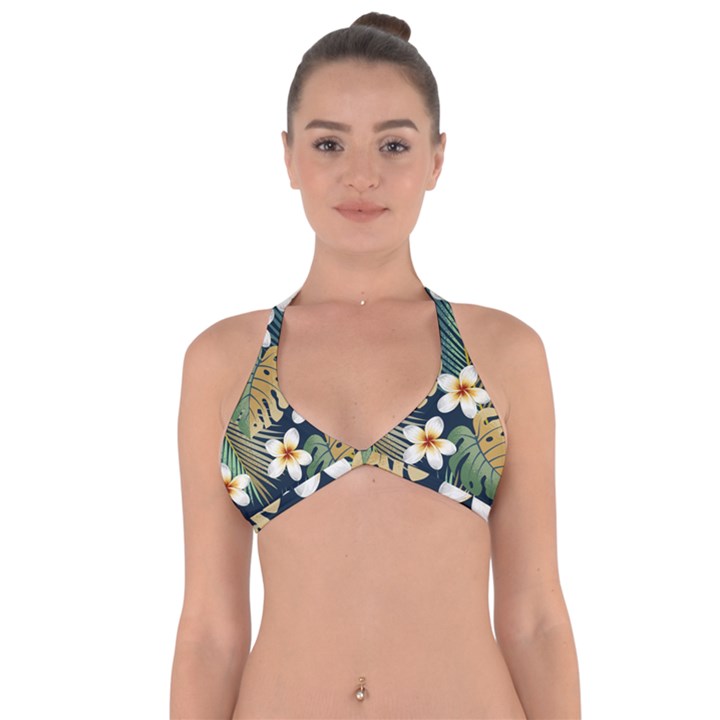 Seamless Pattern With Tropical Strelitzia Flowers Leaves Exotic Background Halter Neck Bikini Top