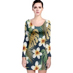 Seamless Pattern With Tropical Strelitzia Flowers Leaves Exotic Background Long Sleeve Velvet Bodycon Dress