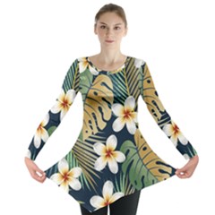 Seamless Pattern With Tropical Strelitzia Flowers Leaves Exotic Background Long Sleeve Tunic 