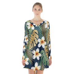 Seamless Pattern With Tropical Strelitzia Flowers Leaves Exotic Background Long Sleeve Velvet V-neck Dress