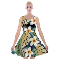 Seamless Pattern With Tropical Strelitzia Flowers Leaves Exotic Background Velvet Skater Dress