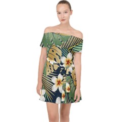 Seamless Pattern With Tropical Strelitzia Flowers Leaves Exotic Background Off Shoulder Chiffon Dress by Ket1n9