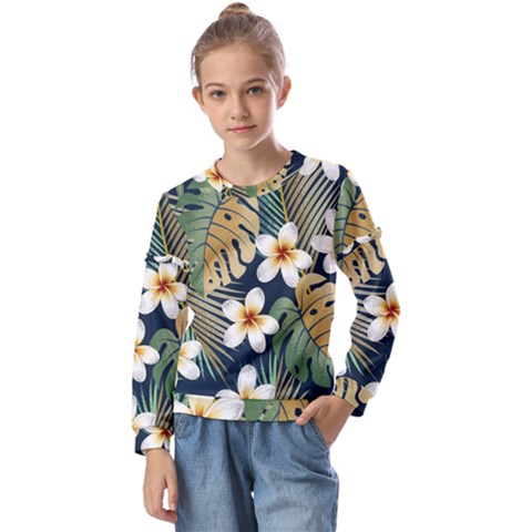 Seamless Pattern With Tropical Strelitzia Flowers Leaves Exotic Background Kids  Long Sleeve T-shirt With Frill  by Ket1n9