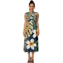 Seamless Pattern With Tropical Strelitzia Flowers Leaves Exotic Background Sleeveless Round Neck Midi Dress by Ket1n9