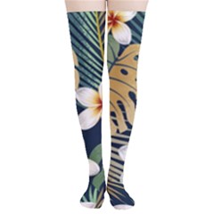 Seamless Pattern With Tropical Strelitzia Flowers Leaves Exotic Background Thigh High Stockings