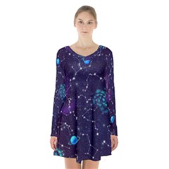 Realistic Night Sky Poster With Constellations Long Sleeve Velvet V-neck Dress