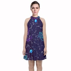 Realistic Night Sky Poster With Constellations Velvet Halter Neckline Dress 