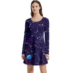 Realistic Night Sky Poster With Constellations Long Sleeve Velour Skater Dress by Ket1n9