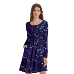 Realistic Night Sky Poster With Constellations Long Sleeve Knee Length Skater Dress With Pockets