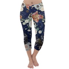 Japanese Wave Koi Illustration Pattern Capri Winter Leggings 