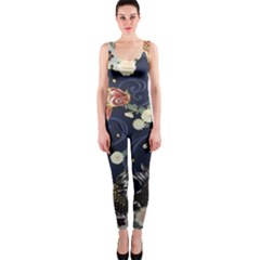 Japanese Wave Koi Illustration Pattern One Piece Catsuit