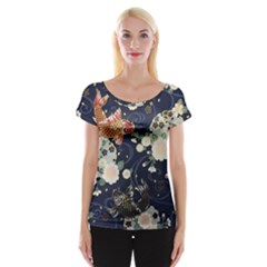 Japanese Wave Koi Illustration Pattern Cap Sleeve Top