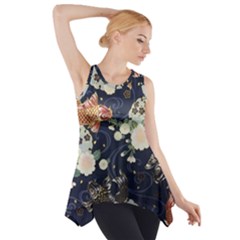 Japanese Wave Koi Illustration Pattern Side Drop Tank Tunic