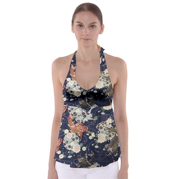 Japanese Wave Koi Illustration Pattern Tie Back Tankini Top