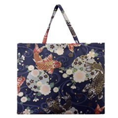 Japanese Wave Koi Illustration Pattern Zipper Large Tote Bag