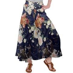 Japanese Wave Koi Illustration Pattern Women s Satin Palazzo Pants