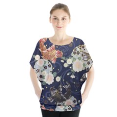 Japanese Wave Koi Illustration Pattern Batwing Chiffon Blouse