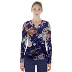 Japanese Wave Koi Illustration Pattern V-neck Long Sleeve Top