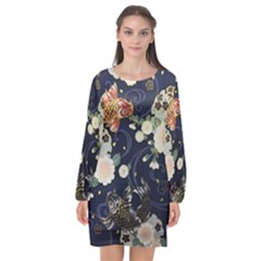 Japanese Wave Koi Illustration Pattern Long Sleeve Chiffon Shift Dress 