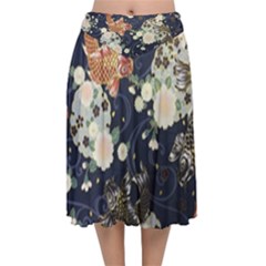 Japanese Wave Koi Illustration Pattern Velvet Flared Midi Skirt