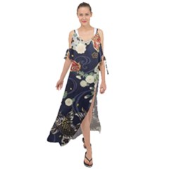 Japanese Wave Koi Illustration Pattern Maxi Chiffon Cover Up Dress