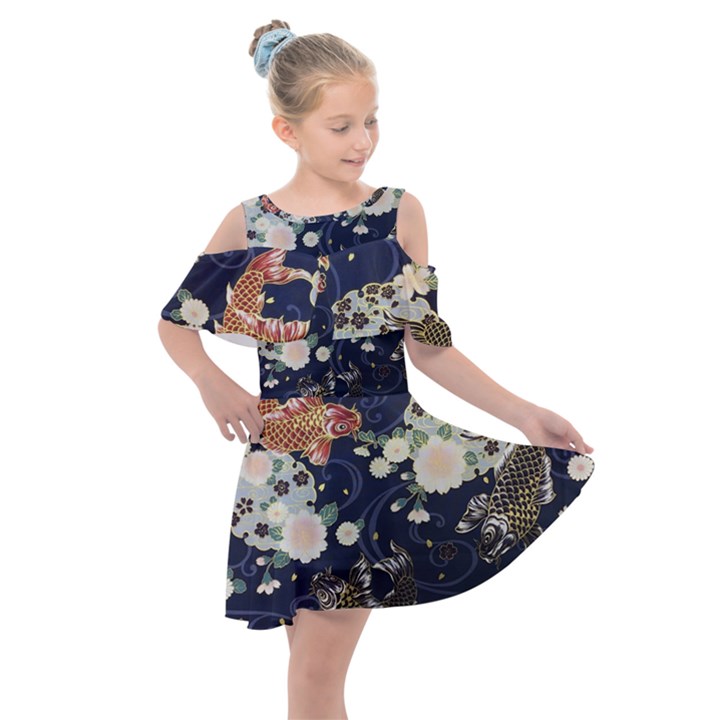 Japanese Wave Koi Illustration Pattern Kids  Shoulder Cutout Chiffon Dress