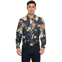 Japanese Wave Koi Illustration Pattern Men s Long Sleeve Pocket Shirt 