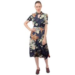 Japanese Wave Koi Illustration Pattern Keyhole Neckline Chiffon Dress