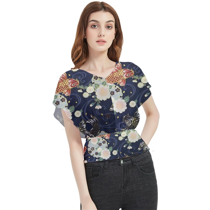 Japanese Wave Koi Illustration Pattern Butterfly Chiffon Blouse