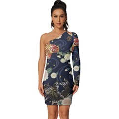 Japanese Wave Koi Illustration Pattern Long Sleeve One Shoulder Mini Dress