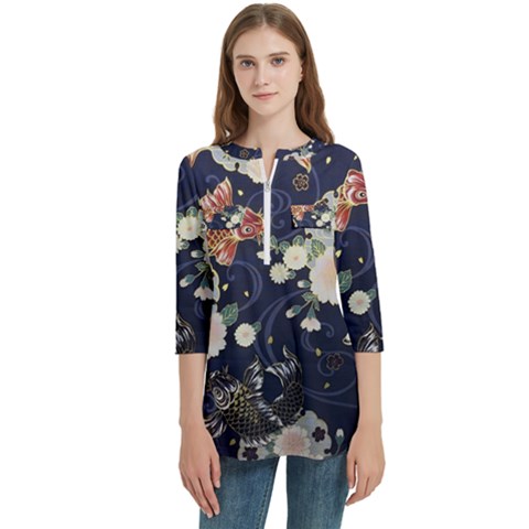 Japanese Wave Koi Illustration Pattern Women s Zip Front V-neck 3/4 Sleeve Casual Top Pocket Shirt by Ndabl3x