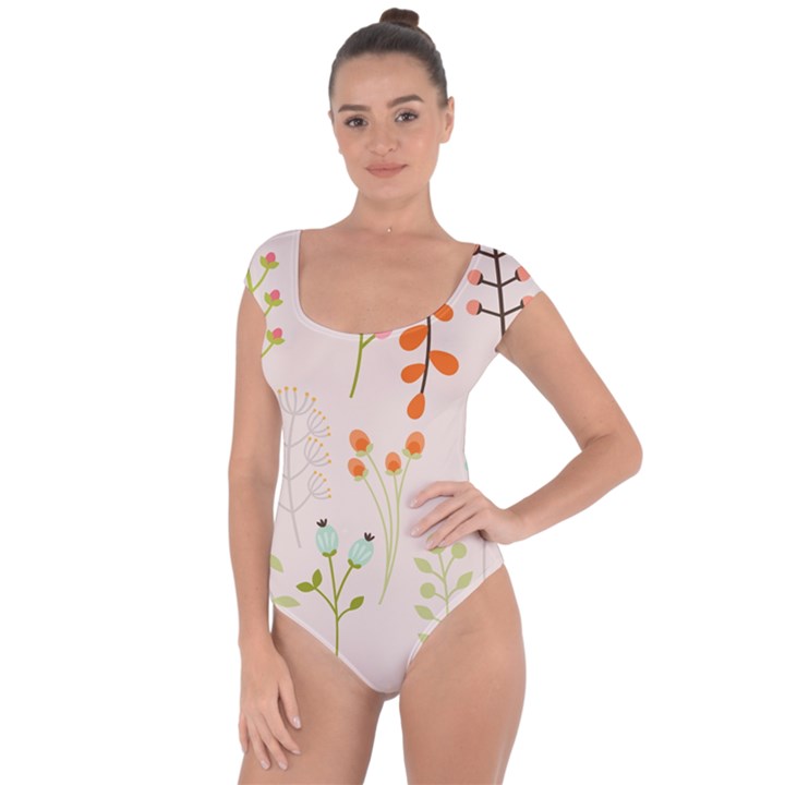 Boho Pattern Berries Flowers Nature Short Sleeve Leotard 