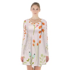 Boho Pattern Berries Flowers Nature Long Sleeve Velvet V-neck Dress