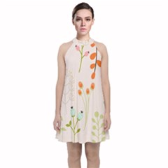 Boho Pattern Berries Flowers Nature Velvet Halter Neckline Dress 