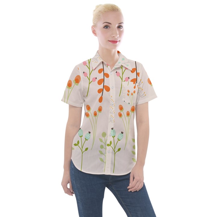 Boho Pattern Berries Flowers Nature Women s Short Sleeve Pocket Shirt