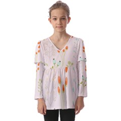 Boho Pattern Berries Flowers Nature Kids  V Neck Casual Top by Bedest